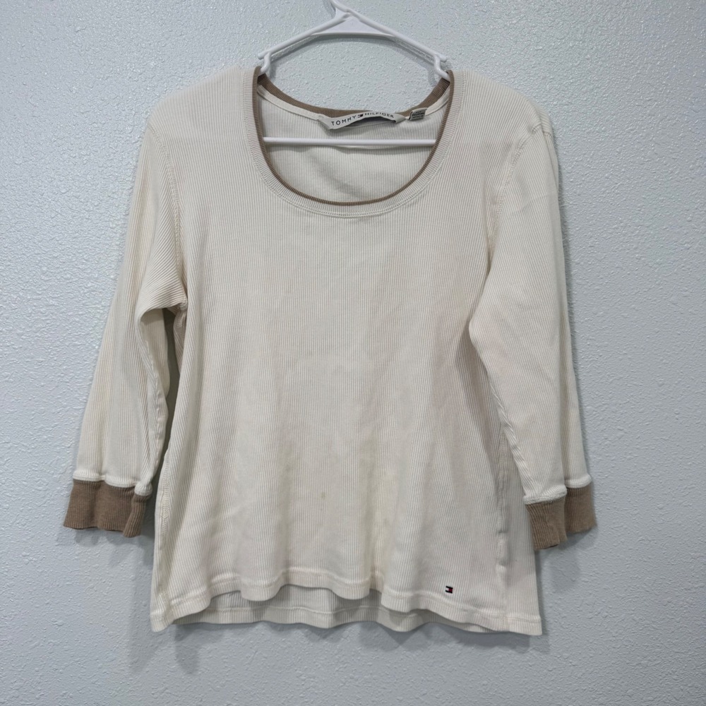 Tommy Hilfiger Womens Ribbed Knit Scoop Neck 3/4 Sleeve Top Cream Tan XL